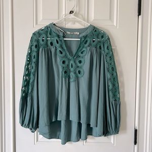 Pretty green top with beautiful cut out detail on sleeves and around neckline.